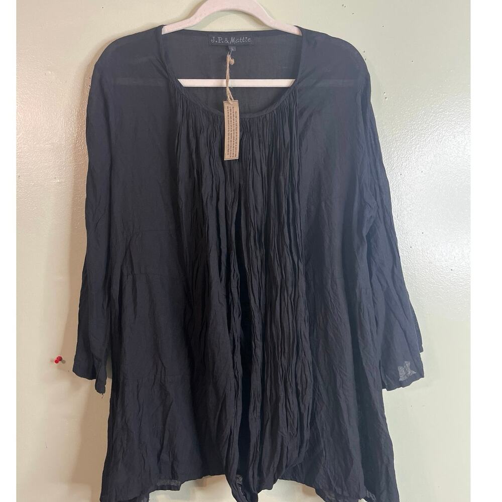 J.P. &Mattie Black Ruched Cotton Tunic Top 3/4 Sleeve Gathered Front,Size Large